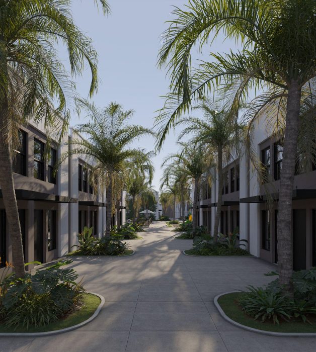 Palm-lined townhome streetscape